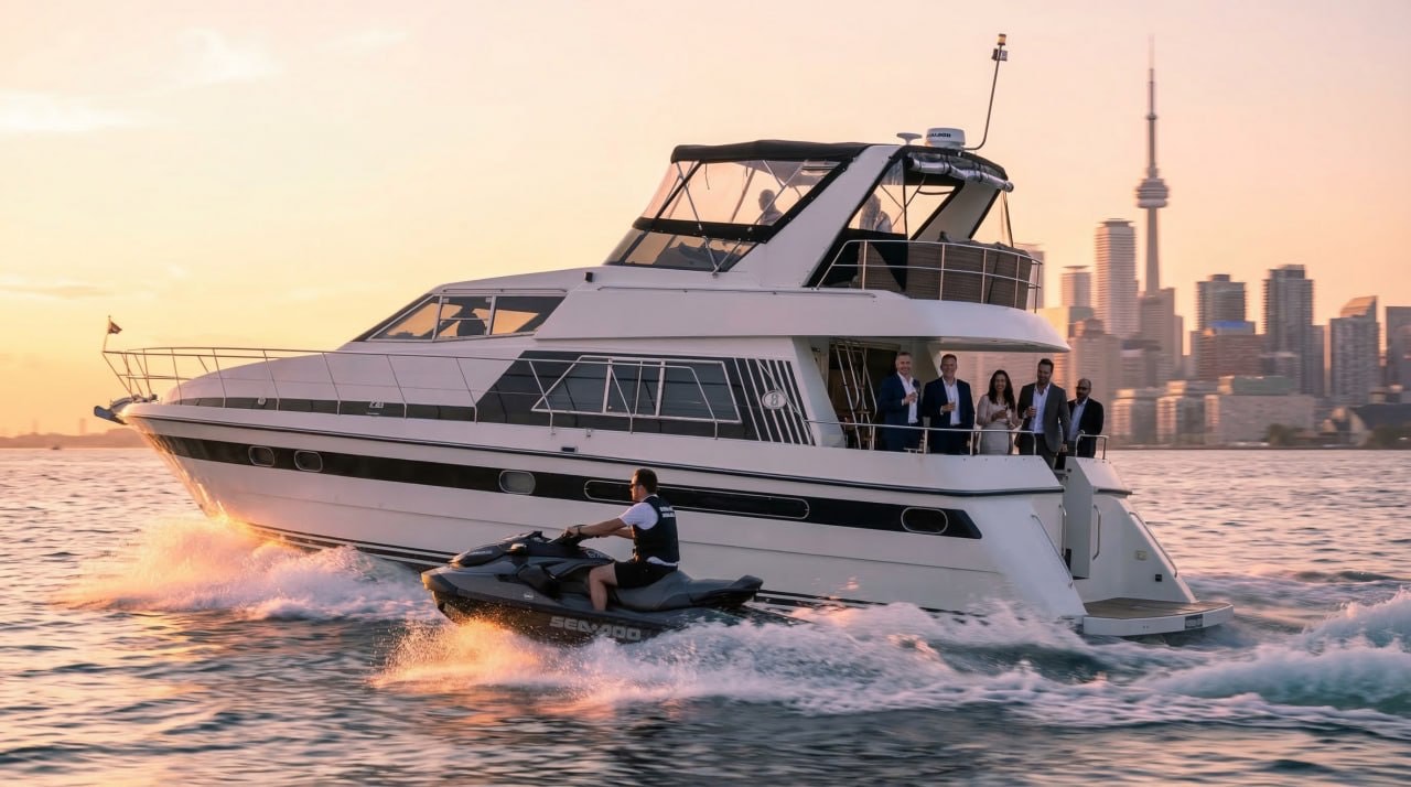 Corporate yacht entertaining on a spacious luxury deck overlooking Lake Ontario